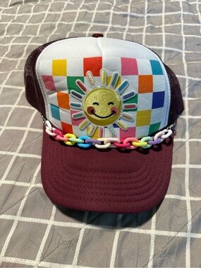 Otto Rainbow Checkered Sun Trucker Hat – Maroon – Pastel Chain – Adjustable